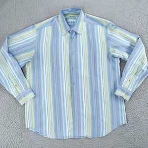 Tommy Bahama Shirt Mens Medium Blue Green Stripe 100% Silk Long Sleeve Button Up